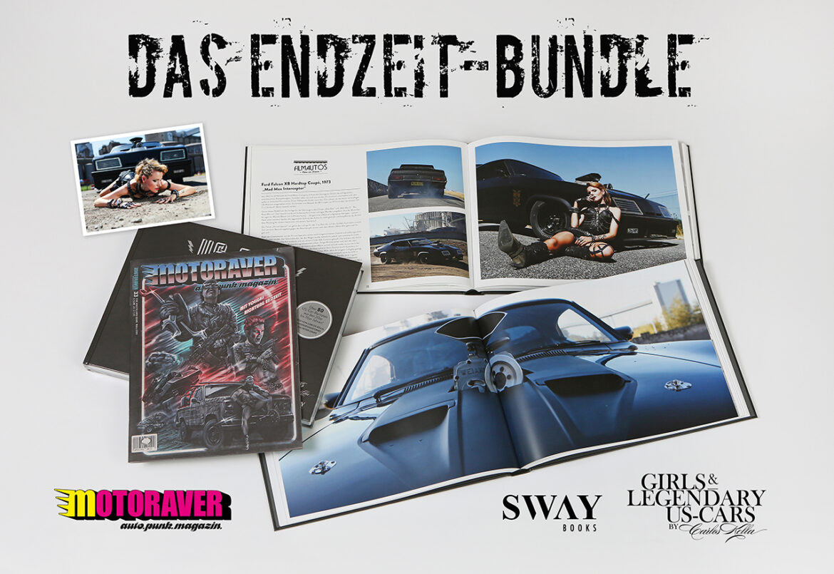 Das SWAY Books Endzeit-Bundle im Mad Max-Style: Der Bildband US-Cars – Legenden mit Geschichte Band 2, die Motoraver Endzeit-Ausgabe #33 und ein exklusiver signierter Foto-Print von Carlos Kella.