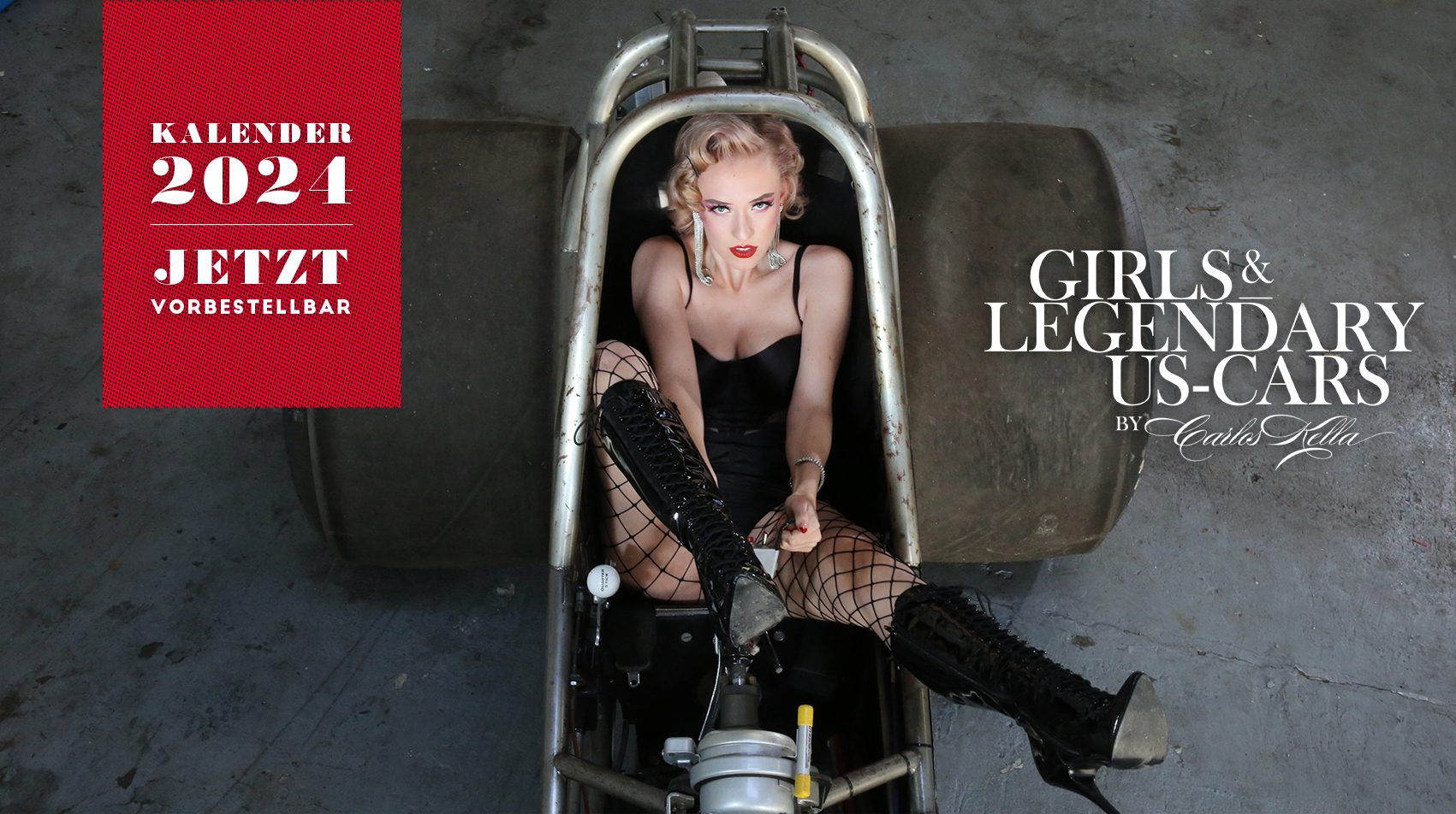 Der Girls & legendary US-Cars 2024 Wochenkalender. Auf dem Titel: Setty Mois