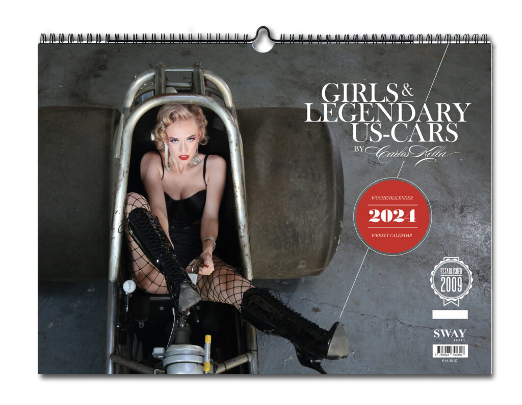Der Girls & legendary US-Cars 2024 Wochenkalender. Auf dem Titel: Setty Mois